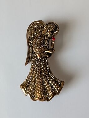 Gold Angel Brooch Pin with Red Accent - Women's Jewelry